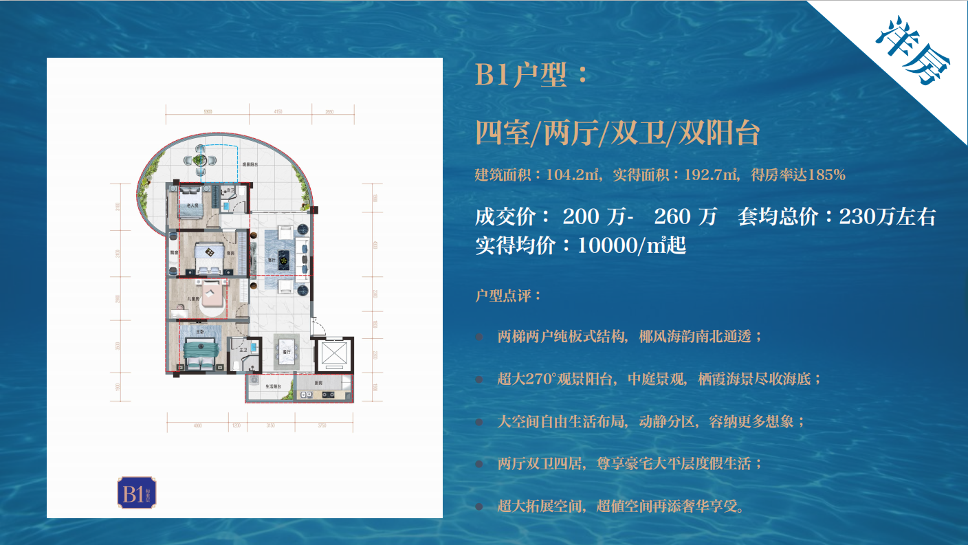 B1户型四房两厅两卫双阳台建面104.2㎡