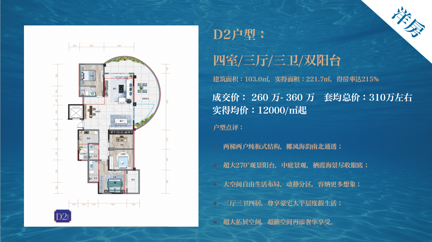 D2户型图 四房三厅三卫一厨 建面103㎡