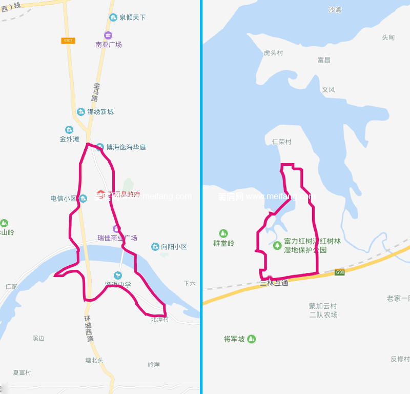 相同比例尺下，澄迈城区和富力红树湾范围对比