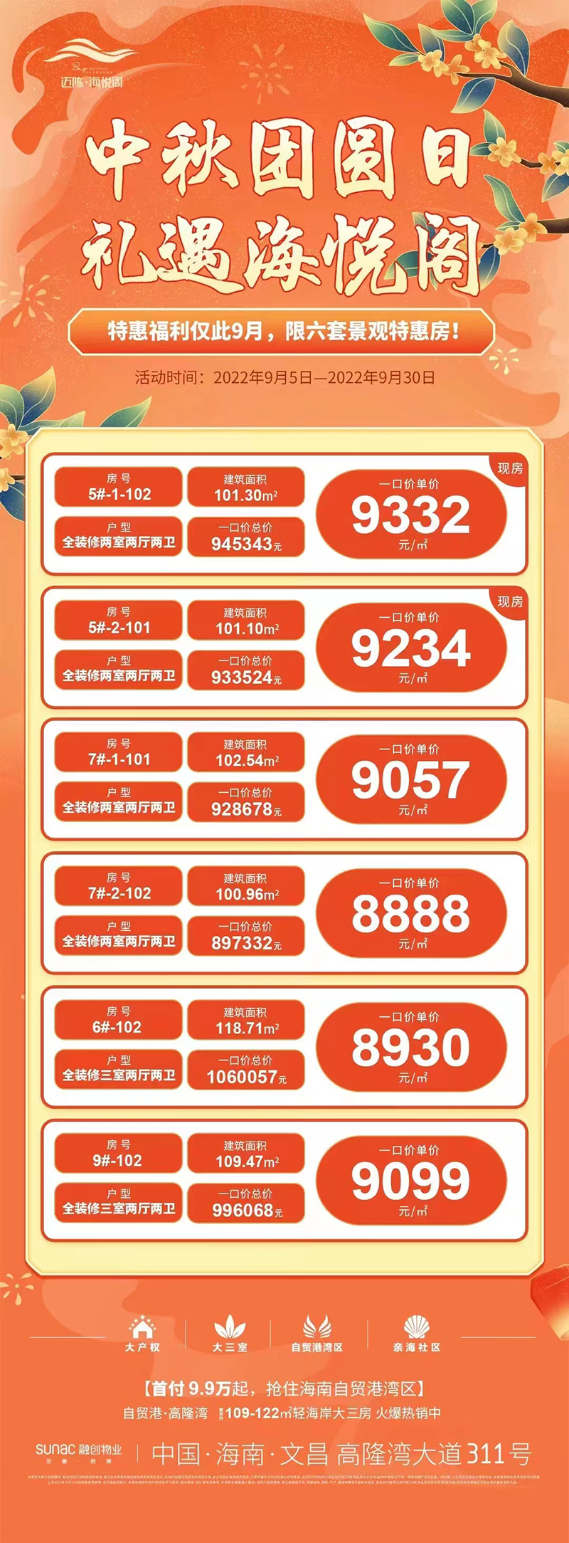 【中秋特惠】文昌迈陈海悦阁推出6套特价房源