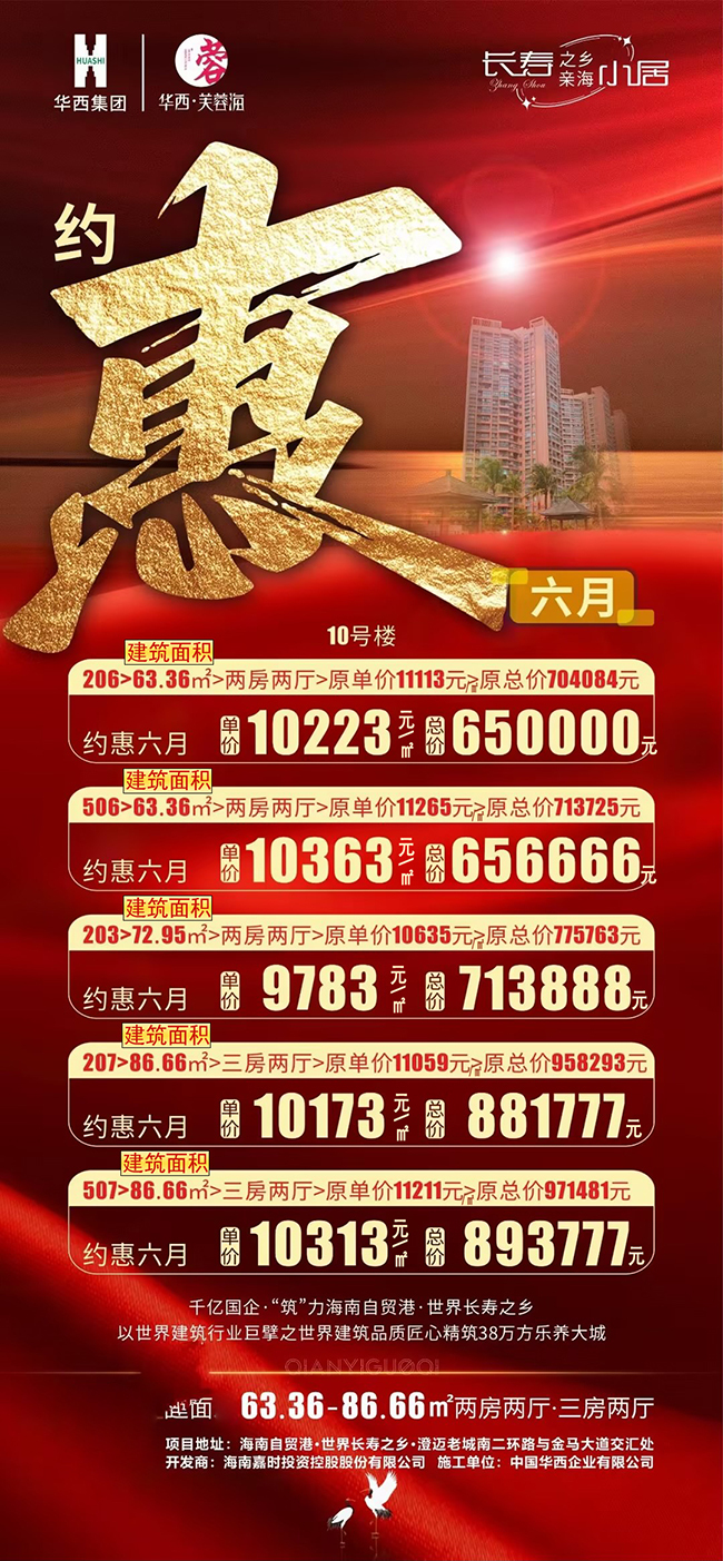 澄迈华西芙蓉海6月新消息：10号楼推出5套特价房