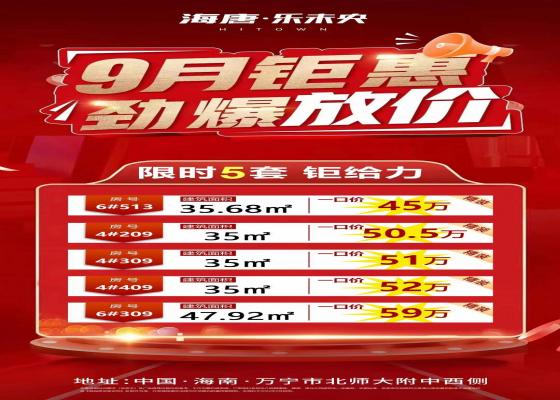 万宁海唐乐未央10月新消息：推出5套特惠房源，总价45万元/套起